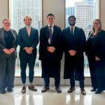 Photo of Gale Cup Moot Team and Coaches left to right Gale Cup Moot Team (left to right): Denise Sarmiento, Kaitlyn Clarke, Andrew Bergen, Derek Zaporzan, Sameer Harris, and Coaches Ashleigh Smith and Dayna Queau-Guzzi (both Manitoba Justice). Photo source: Sameer Harris.